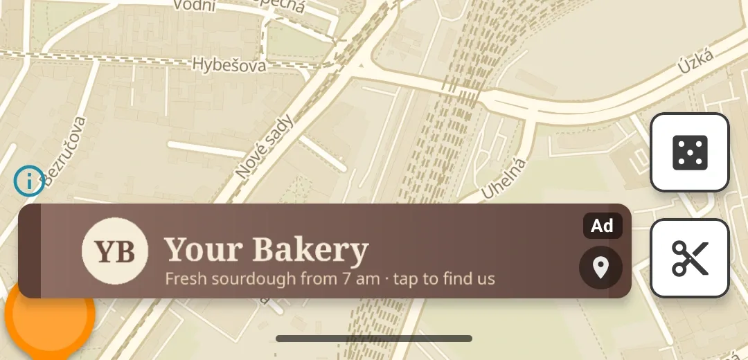 An image ad at the bottom of the sup? map, with the Ad label and a pin in its right-hand corners