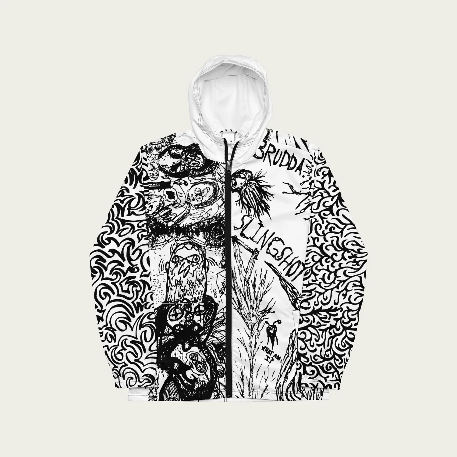 A white windbreaker drawn over from collar to hem: swirls, faces and the words Brudda, Slingshot and What am I