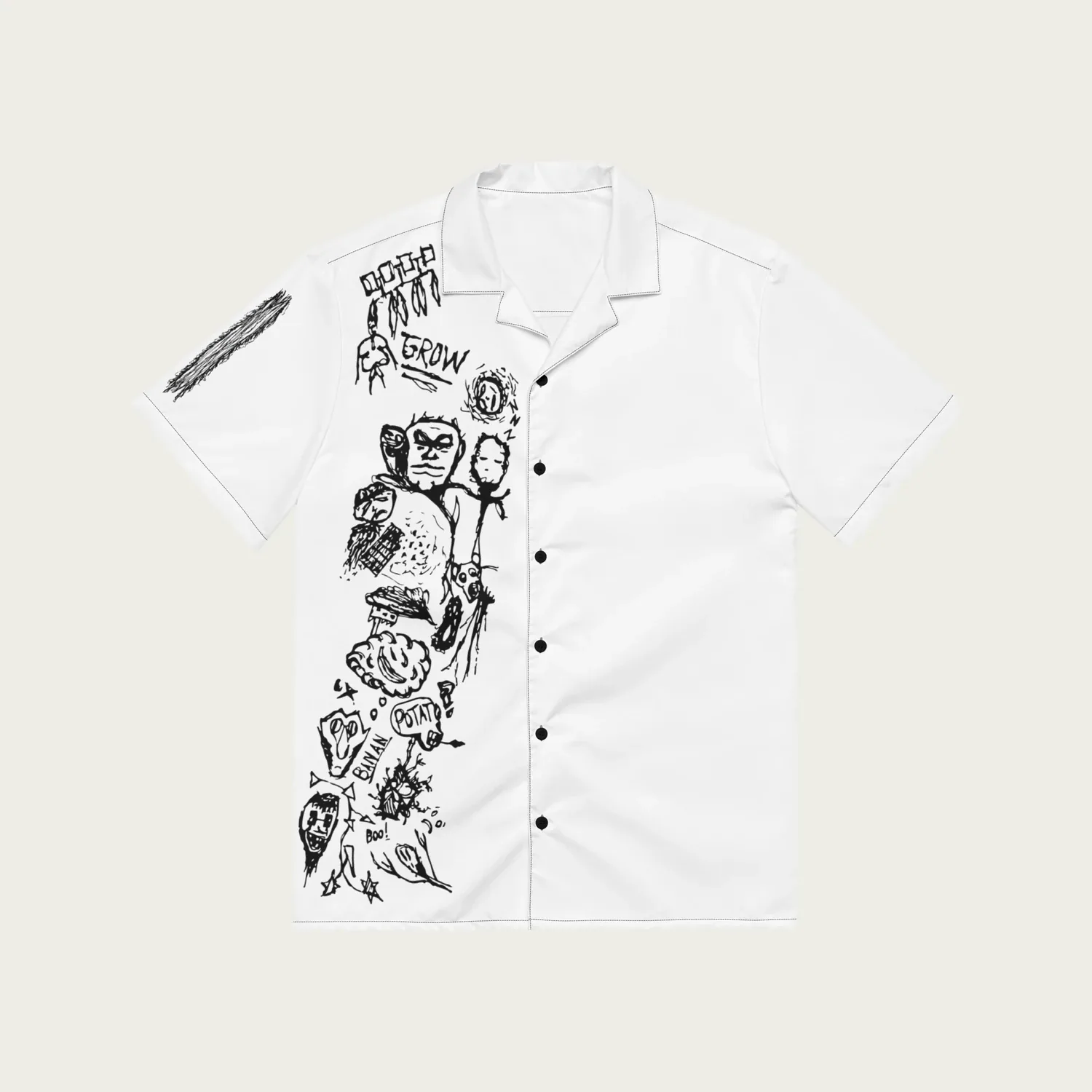 A white short-sleeved button shirt with a column of drawn faces, potatoes and the word Grow down one side