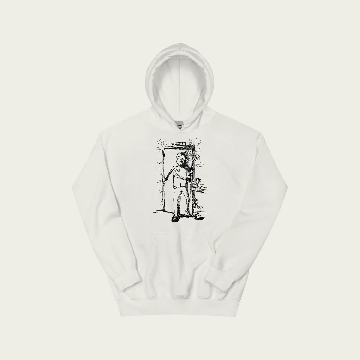 A white hoodie with a pen drawing of a figure standing in a doorway, shapes crowding the dark behind it