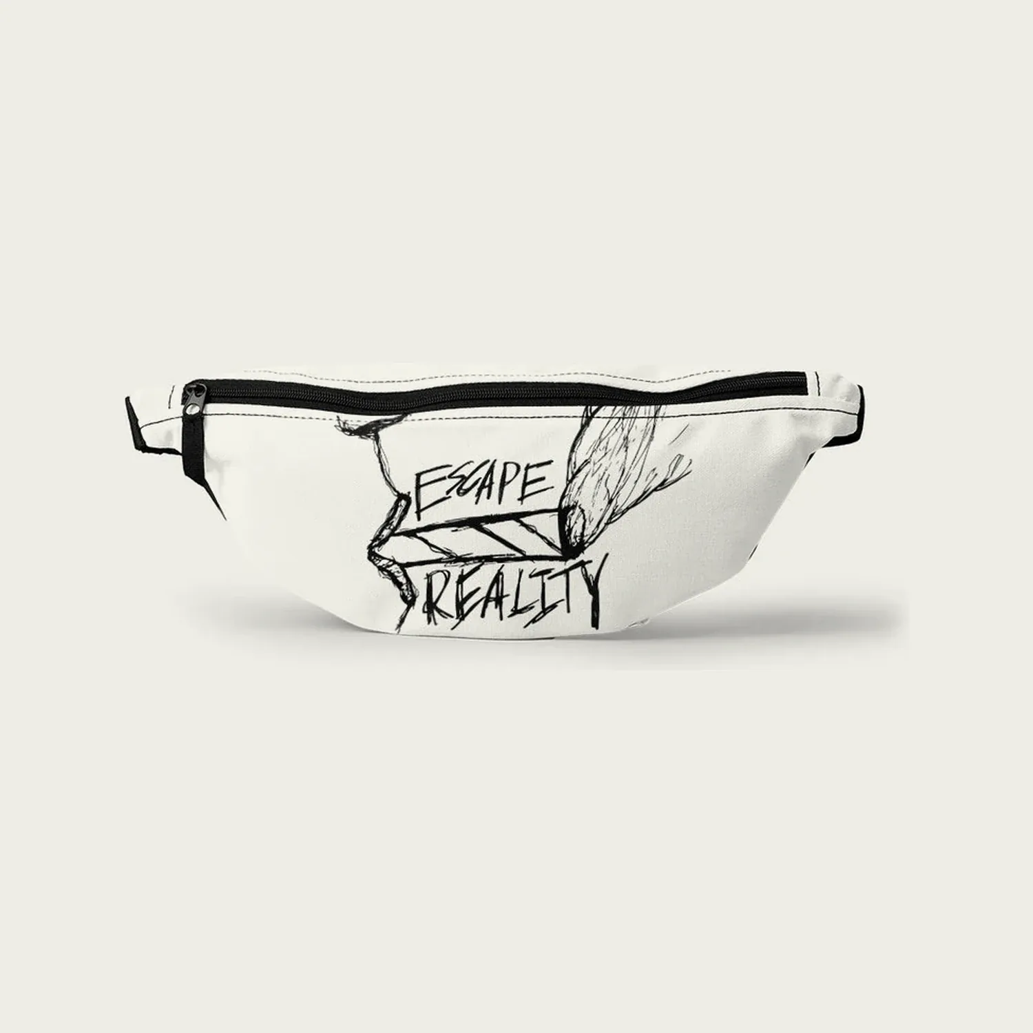 A white fanny pack printed with the words Escape reality and a drawn doorway