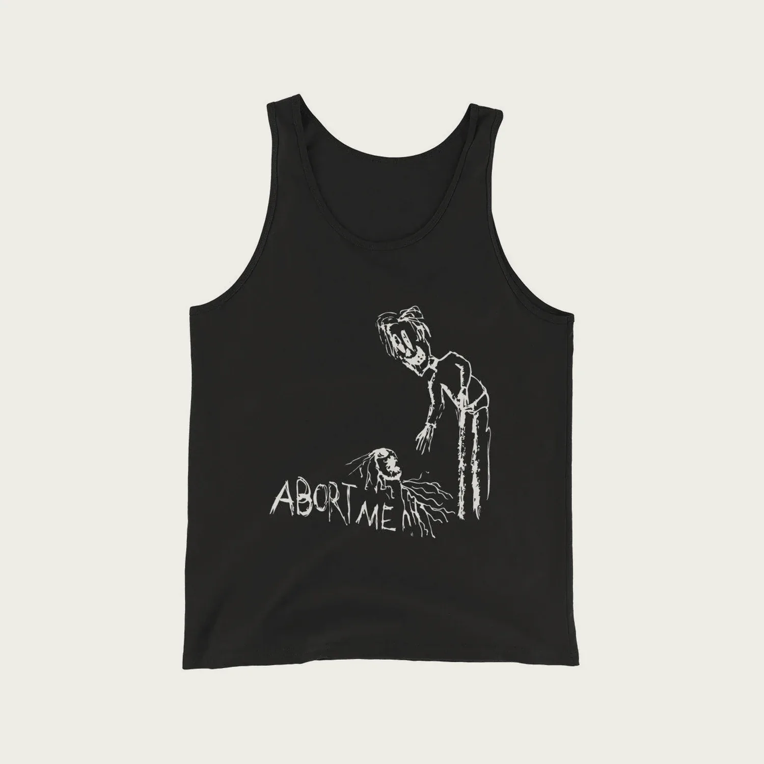 A black tank top with a pen drawing in white: a tall figure reaching down to a small one, and the words Abort me