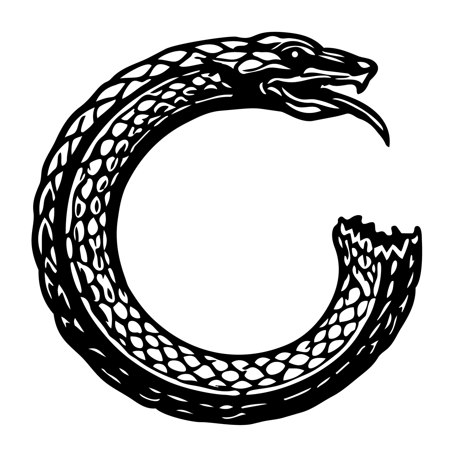 The Grimm Group mark: an engraved serpent curled into a G, its jaws open and its tail torn loose