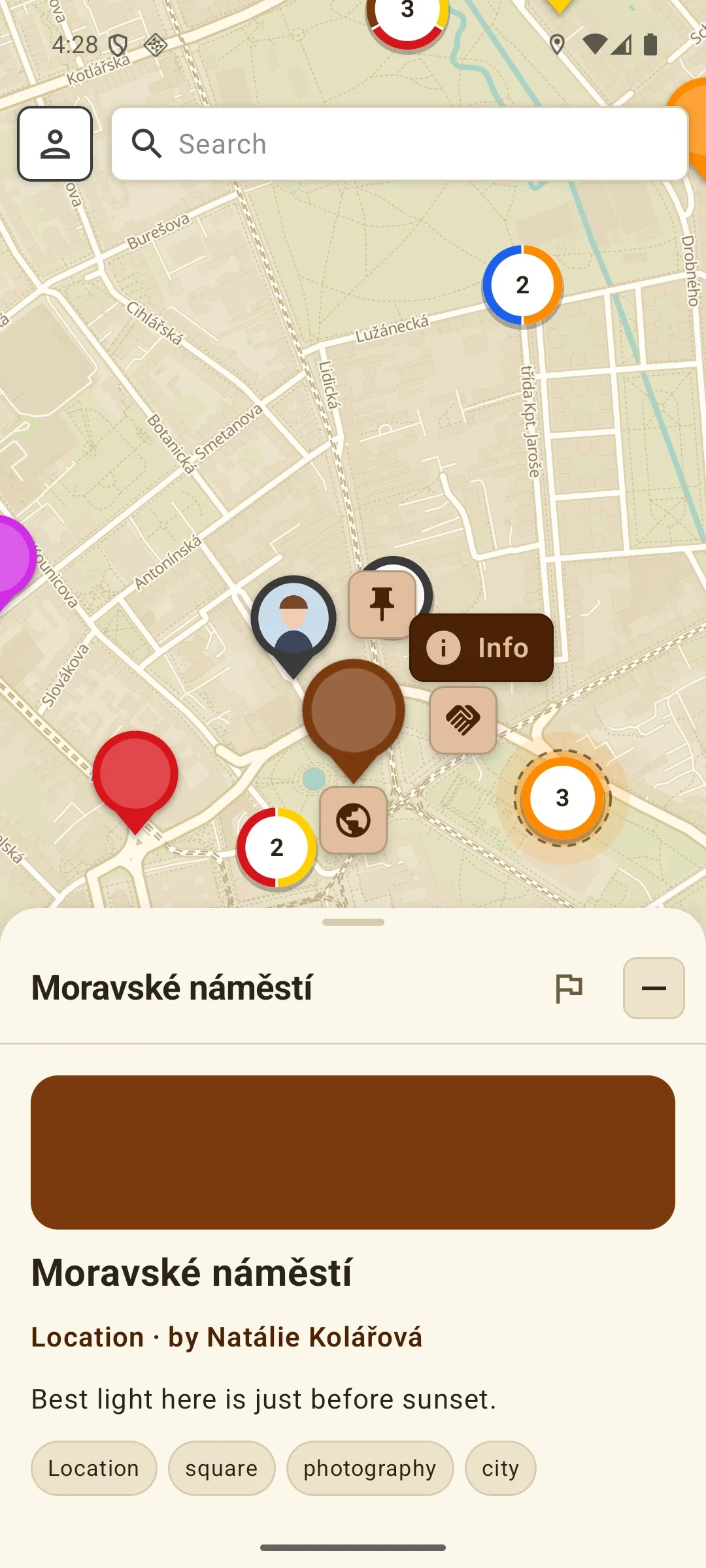 A place selected on the map, with its menu and its Info tab open
