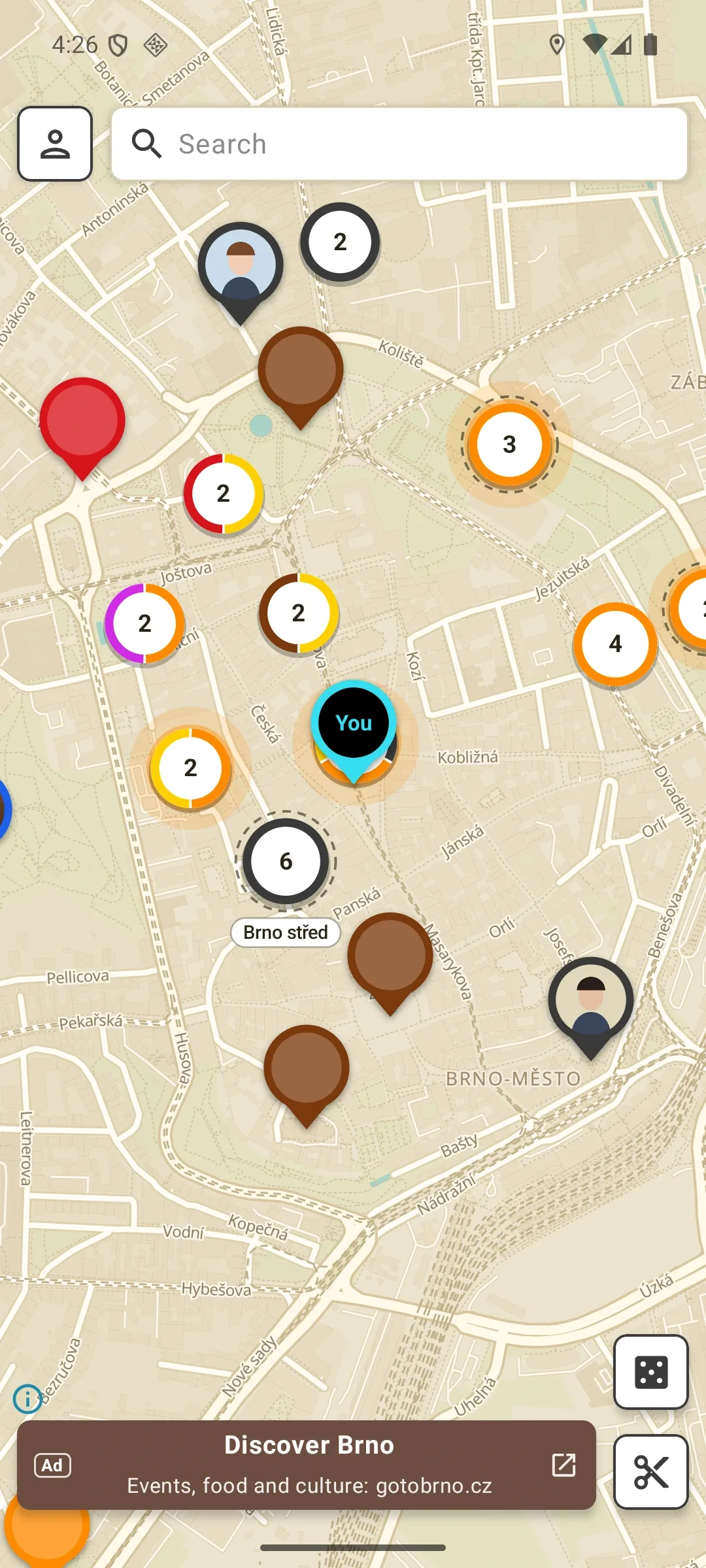 The sup? map of central Brno with people, events and places on it