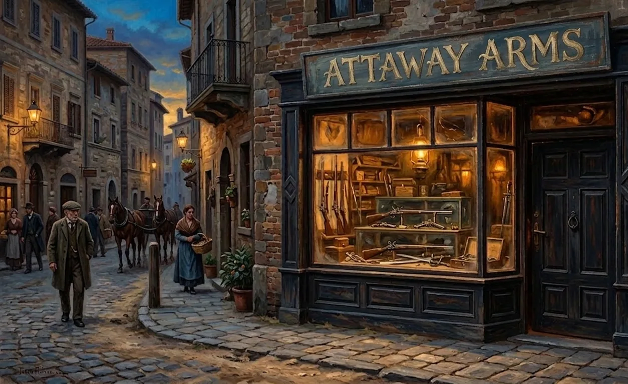 An evening street with a gun shop called Attaway Arms, its window full of rifles, people walking past on the cobblestones