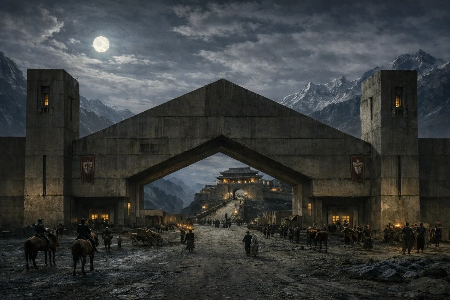 A stone gate with two towers at night under a full moon; riders and carts wait in front, and a palace shows through the arch