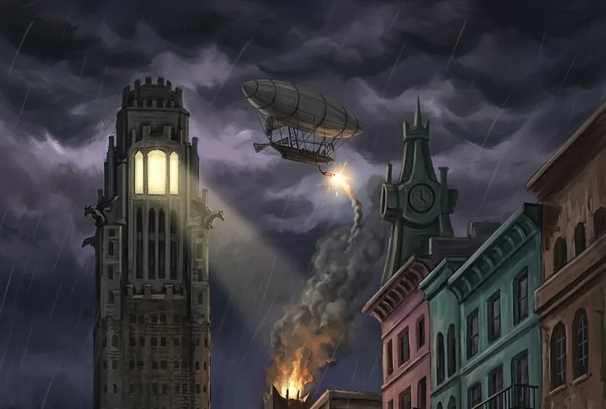 A storm over a city street: a lit clock tower, an airship with a searchlight, and smoke rising from a burning building